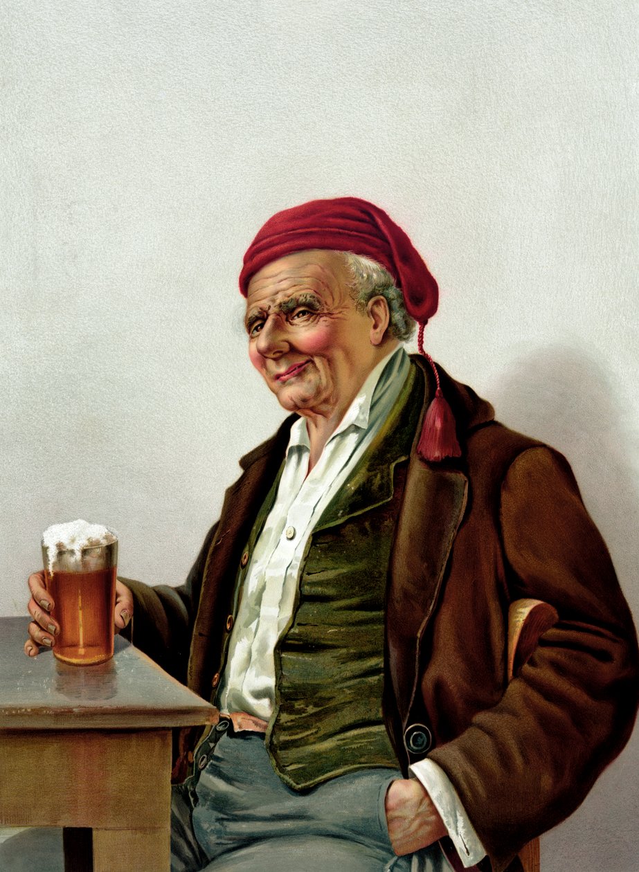 Viejo con una cerveza en un pub de American School