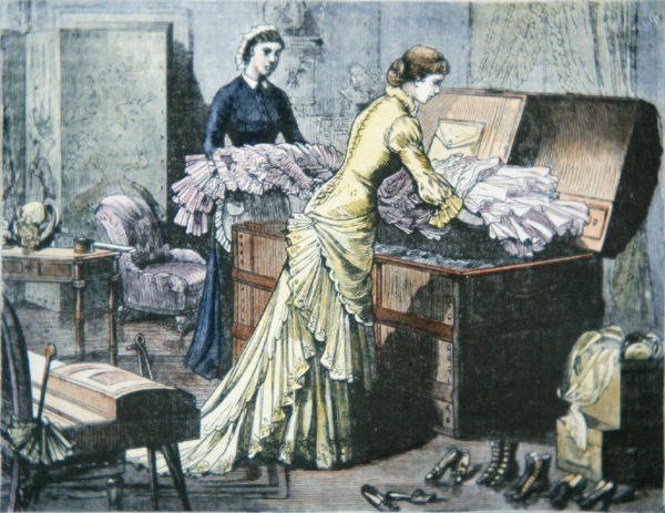 Empacando el baúl de Saratoga para el viaje en tren a Saratoga Springs, Nueva York, c.1880 de American School