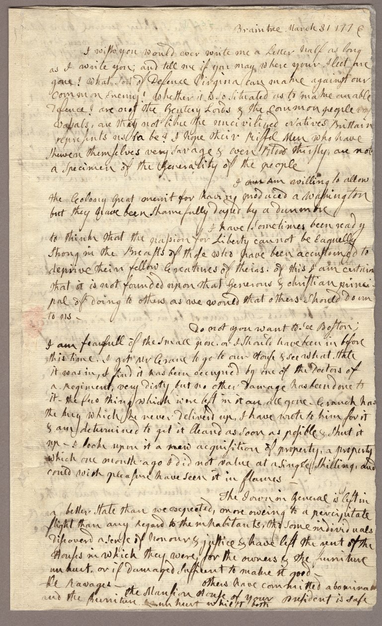 Página 1, Carta de Abigail Adams a John Adams, 31 de marzo - 5 de abril de 1776 (tinta sobre papel) de American School