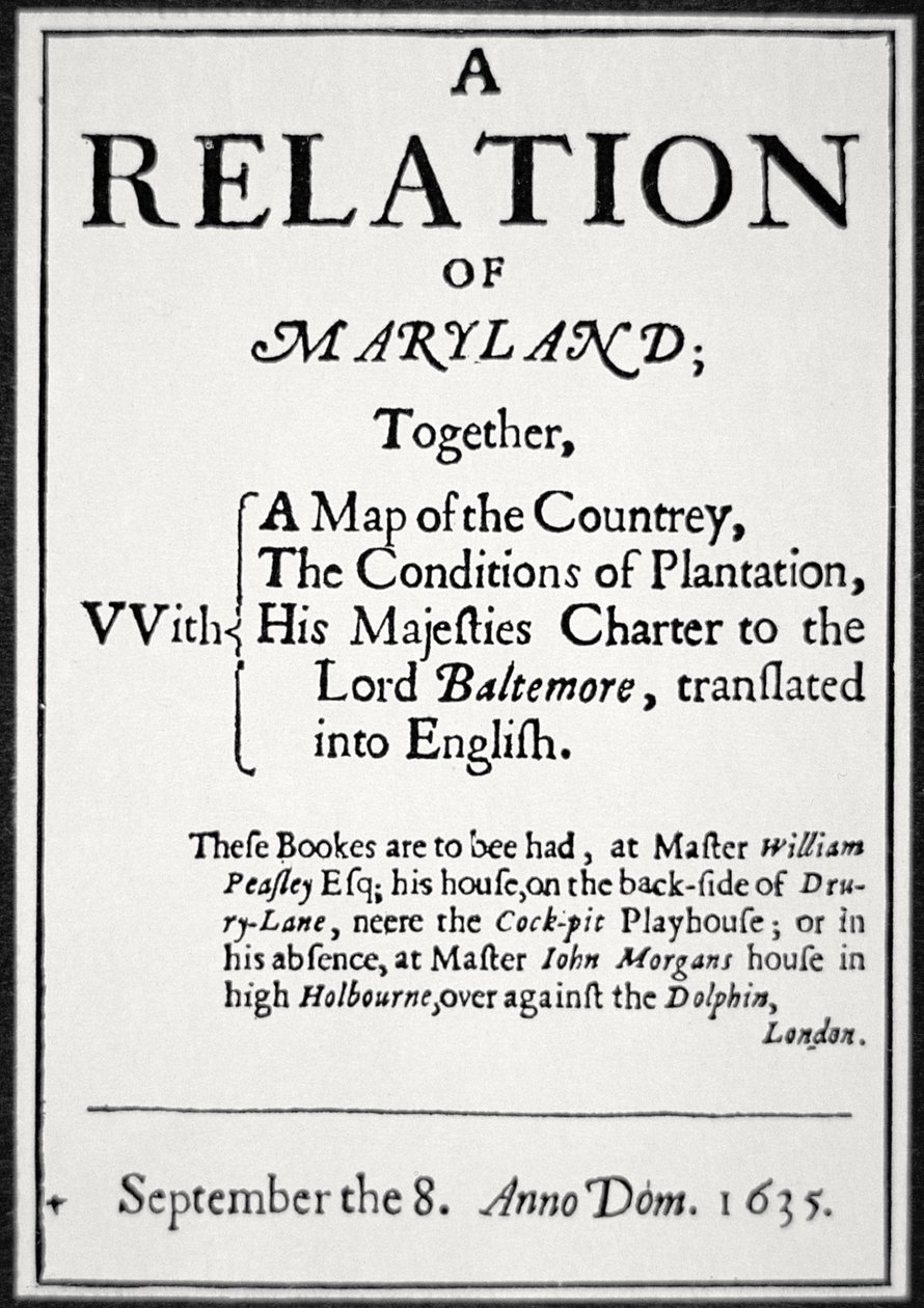 Folleto sobre la Colonia de Maryland emitido por el Segundo Lord Baltimore de American School