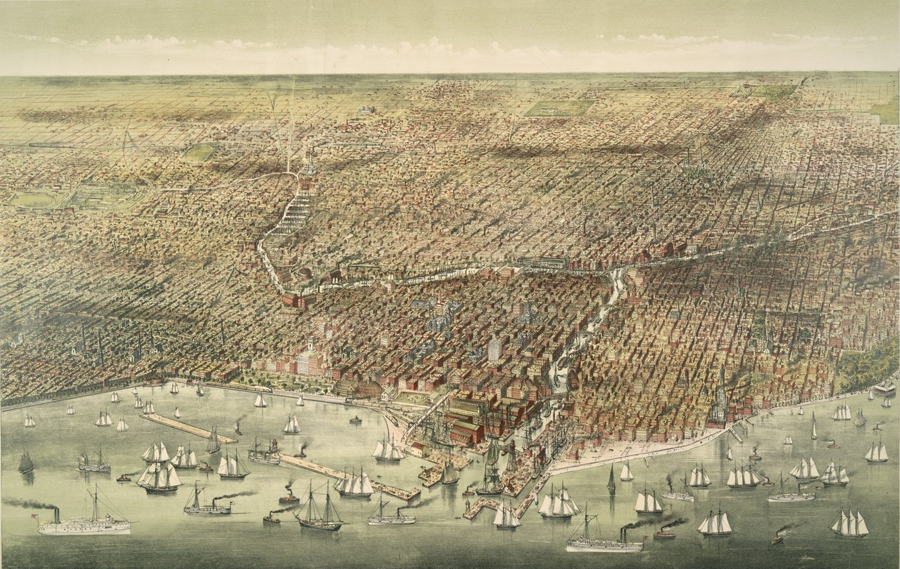 Vista panorámica de la ciudad de Chicago, pub. 1892 (litografía en color) de American School