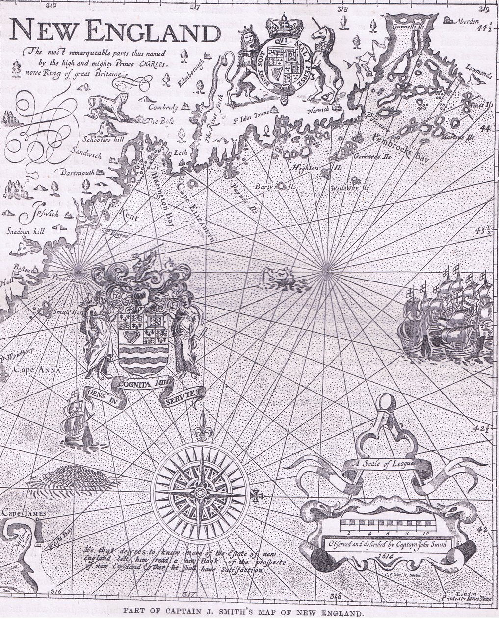 Parte del mapa del Capitán J Smith de Nueva Inglaterra, ilustración de la Historia de los Estados Unidos de Cassell, publicada por Petter & Galpin c.1890 de American School