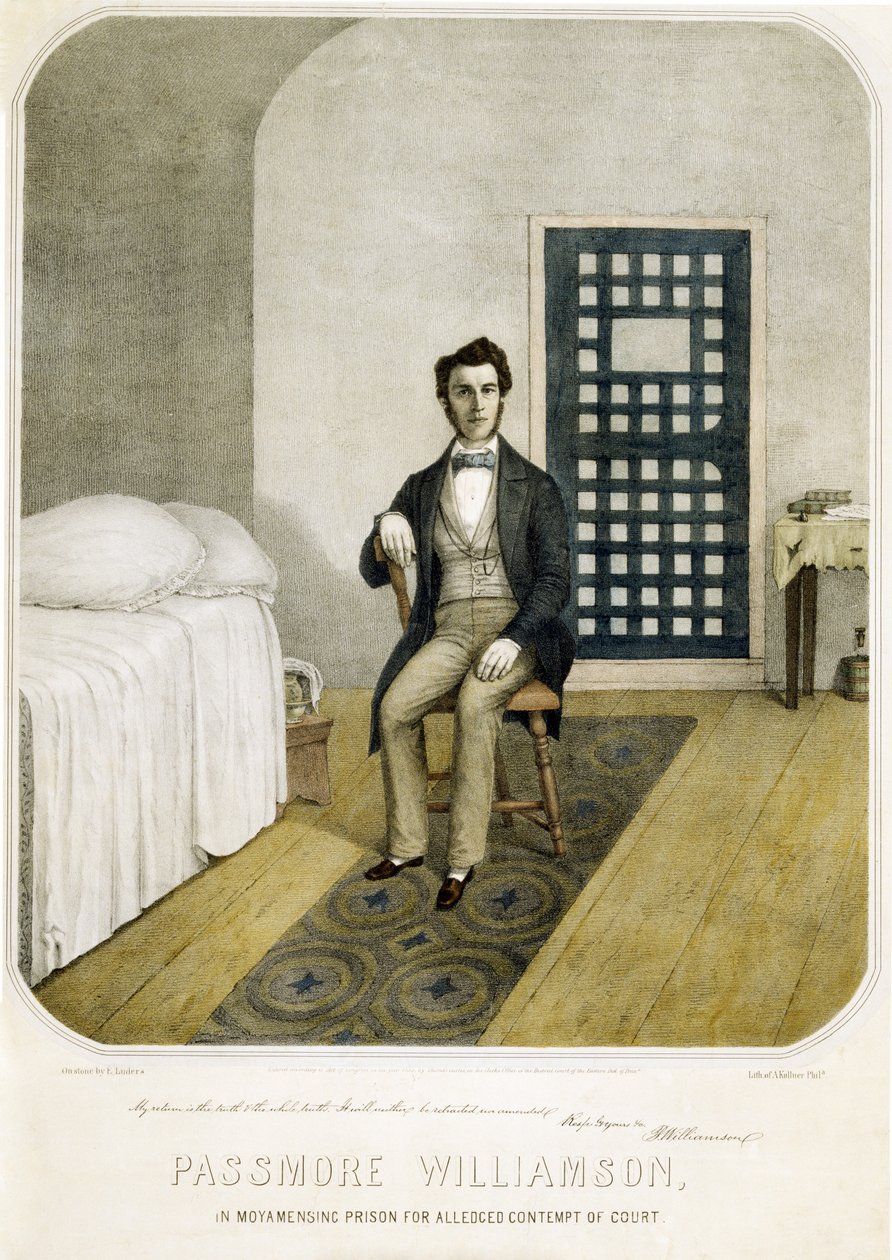 Passmore Williamson en la prisión de Moyamensing por presunto desacato al tribunal, pub. 1855 (litografía en color) de American School