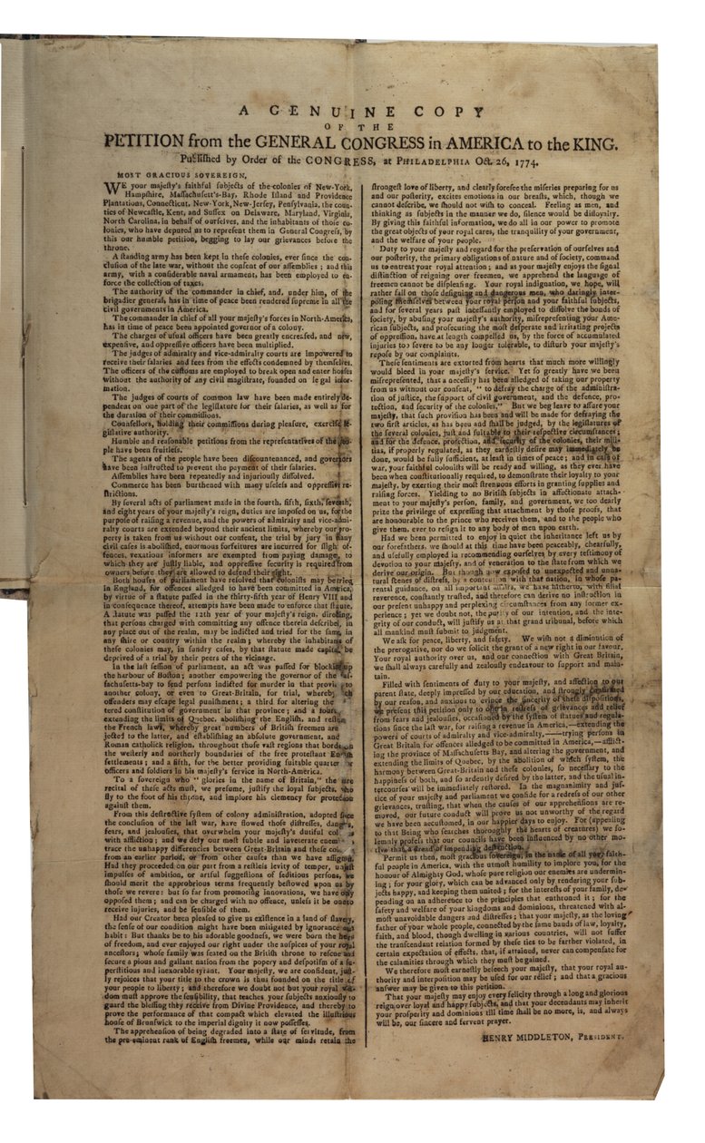 Petición del Congreso General en América al Rey, Congreso Continental, 26 de octubre de 1774 de American School