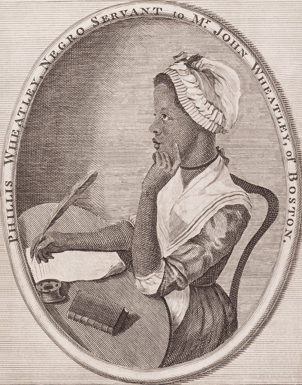 Philiis Wheatley (1753-1784). Poeta afroamericana. Frontispicio grabado de su obra «Poems» (Poemas), 1773. de American School