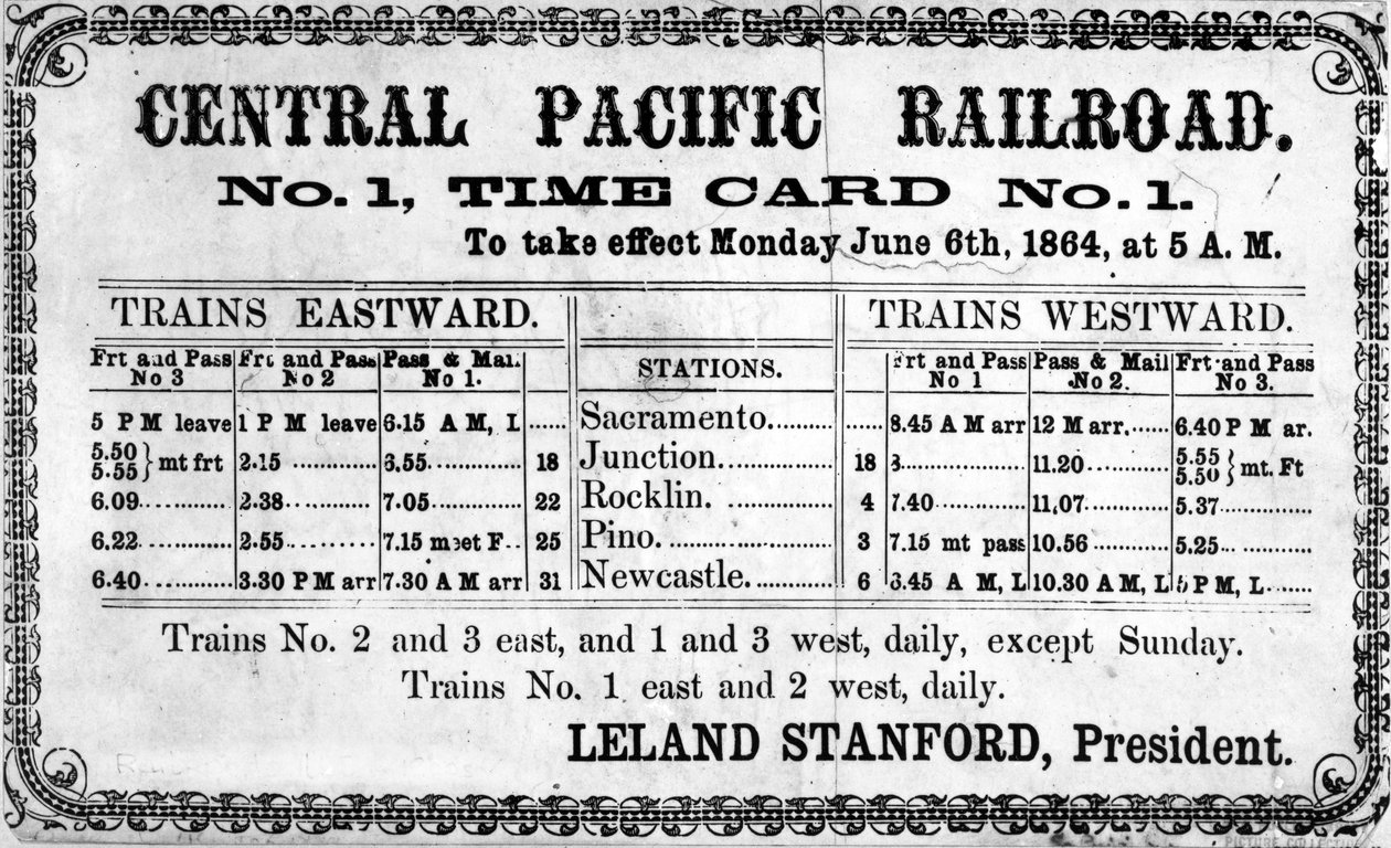 Impresión fotográfica del horario original de la Central Pacific Railroad Company para el 6 de junio de 1864, 1864 de American School