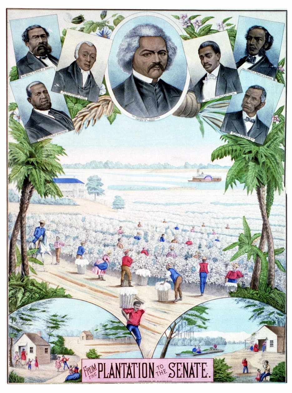 Plantaciones en el Senado: ilustración que muestra trabajadores negros en plantaciones de algodón y senadores negros en el sur de Estados Unidos. de American School
