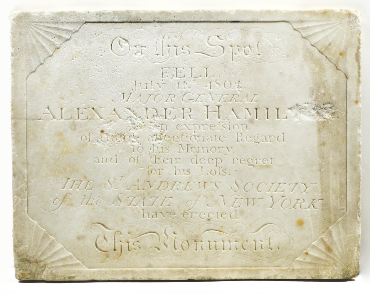 Placa para el cenotafio que marca el lugar donde Alexander Hamilton fue mortalmente herido durante un duelo con Aaron Burr, c.1805 de American School