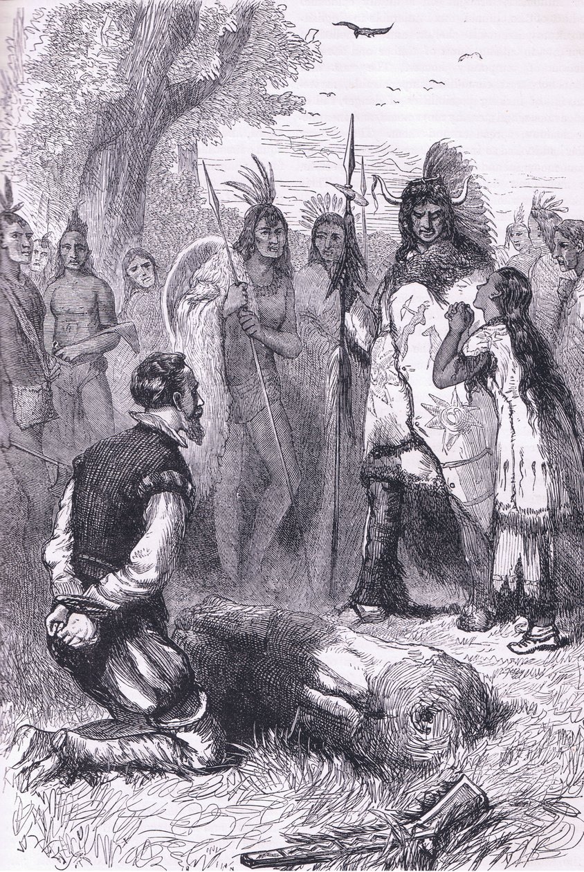 Pocahontas salva la vida del Capitán Smith, ilustración de la Historia de los Estados Unidos de Cassell, pub. por Petter & Galpin c.1890 de American School