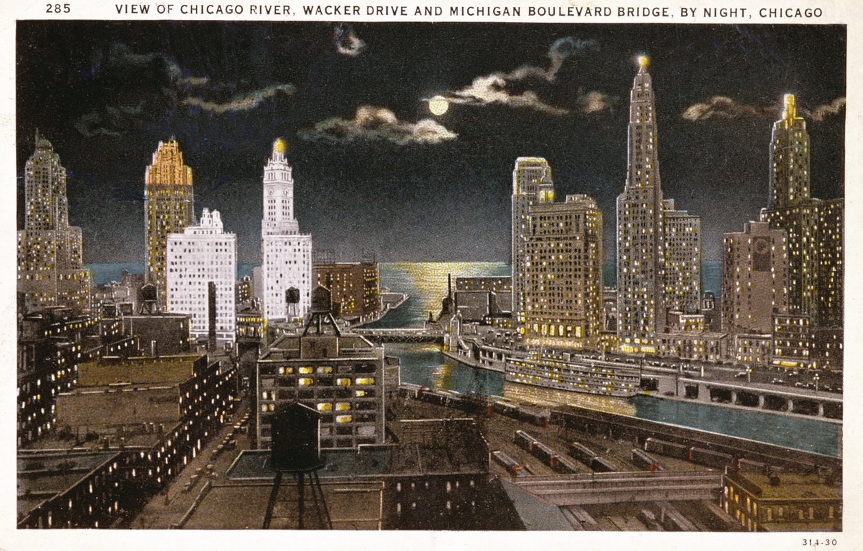 Postal de Chicago de noche, c.1930 de American School