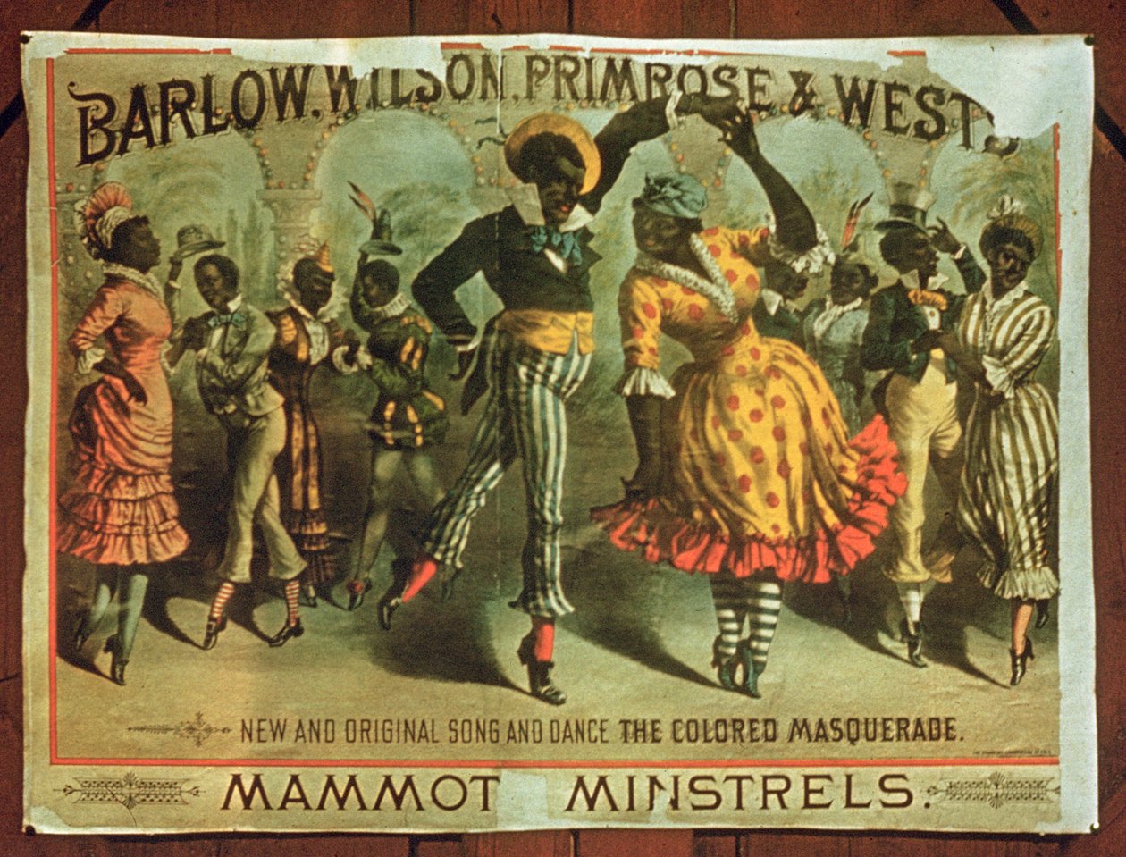 Póster publicitario de Barlow, Wilson, Primrose y Wests Mammot Minstrels Colored Masquerade de American School