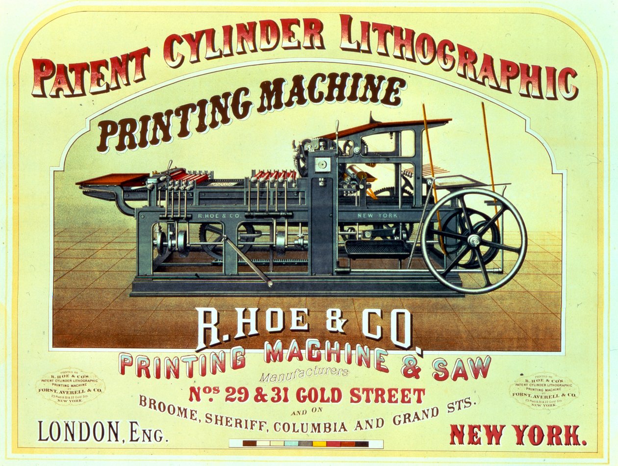 Cartel publicitario de la Máquina de Impresión Litográfica de Cilindro Patentado, R. Hoe & Co., Londres y Nueva York de American School