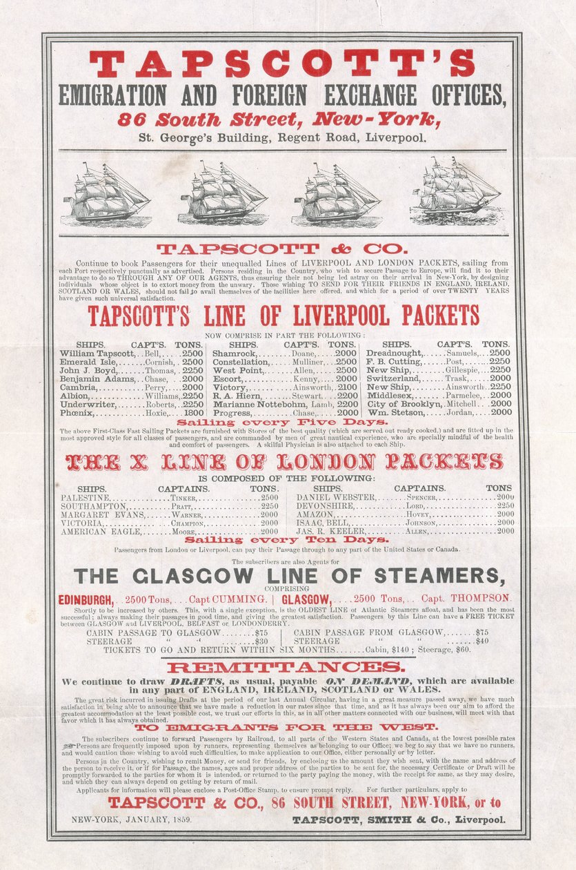 Cartel publicitario de las Oficinas de Emigración y Cambio Extranjero de Tapscott, Nueva York, enero de 1859 de American School