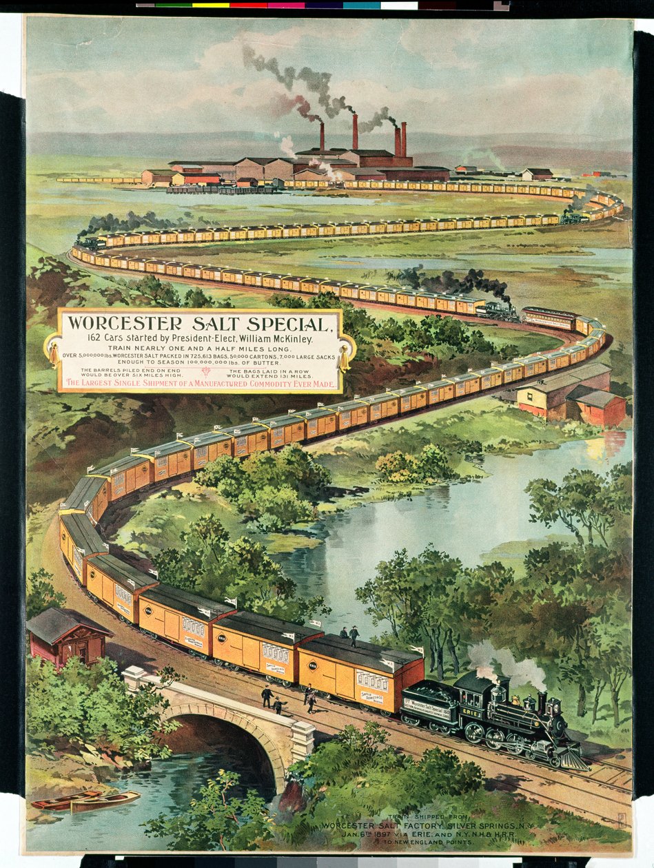 Póster publicitario del Worcester Salt Special, 162 coches iniciados por el presidente electo McKinley, 1897 de American School