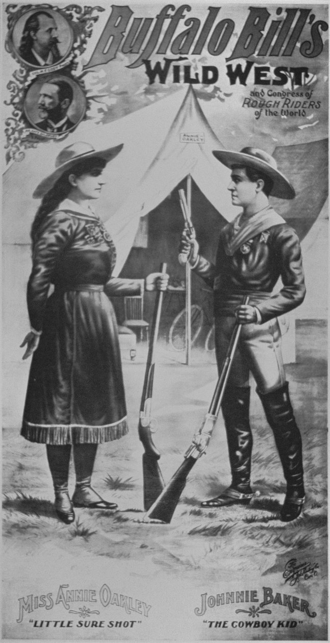 Póster para el espectáculo del Salvaje Oeste de Buffalo Bill (1846-1917), con Annie Oakley (1860-1926) y Johnnie Baker 