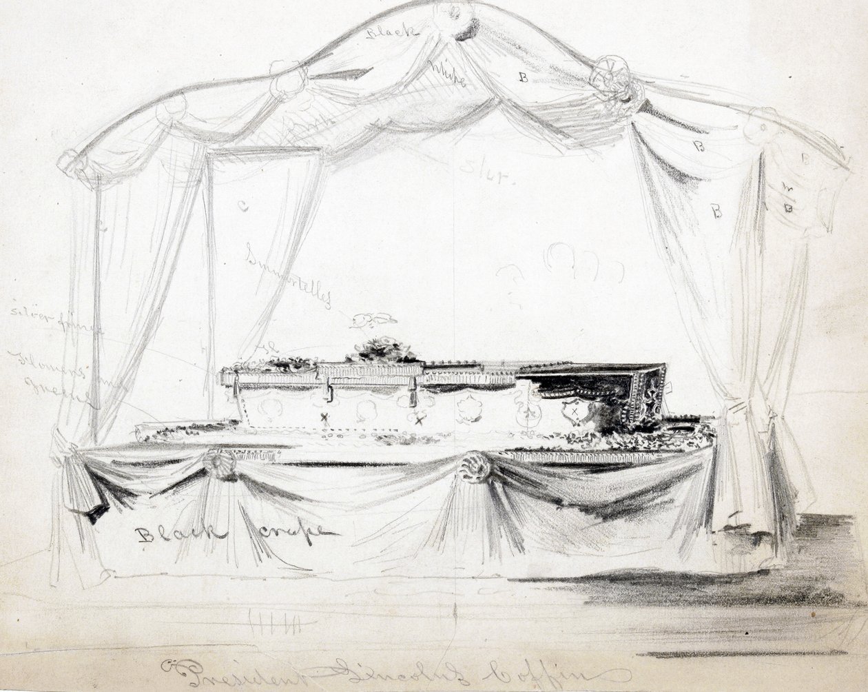 El ataúd del presidente Abraham Lincoln en estado en la Casa Blanca, Washington D.C., abril 1865 de American School