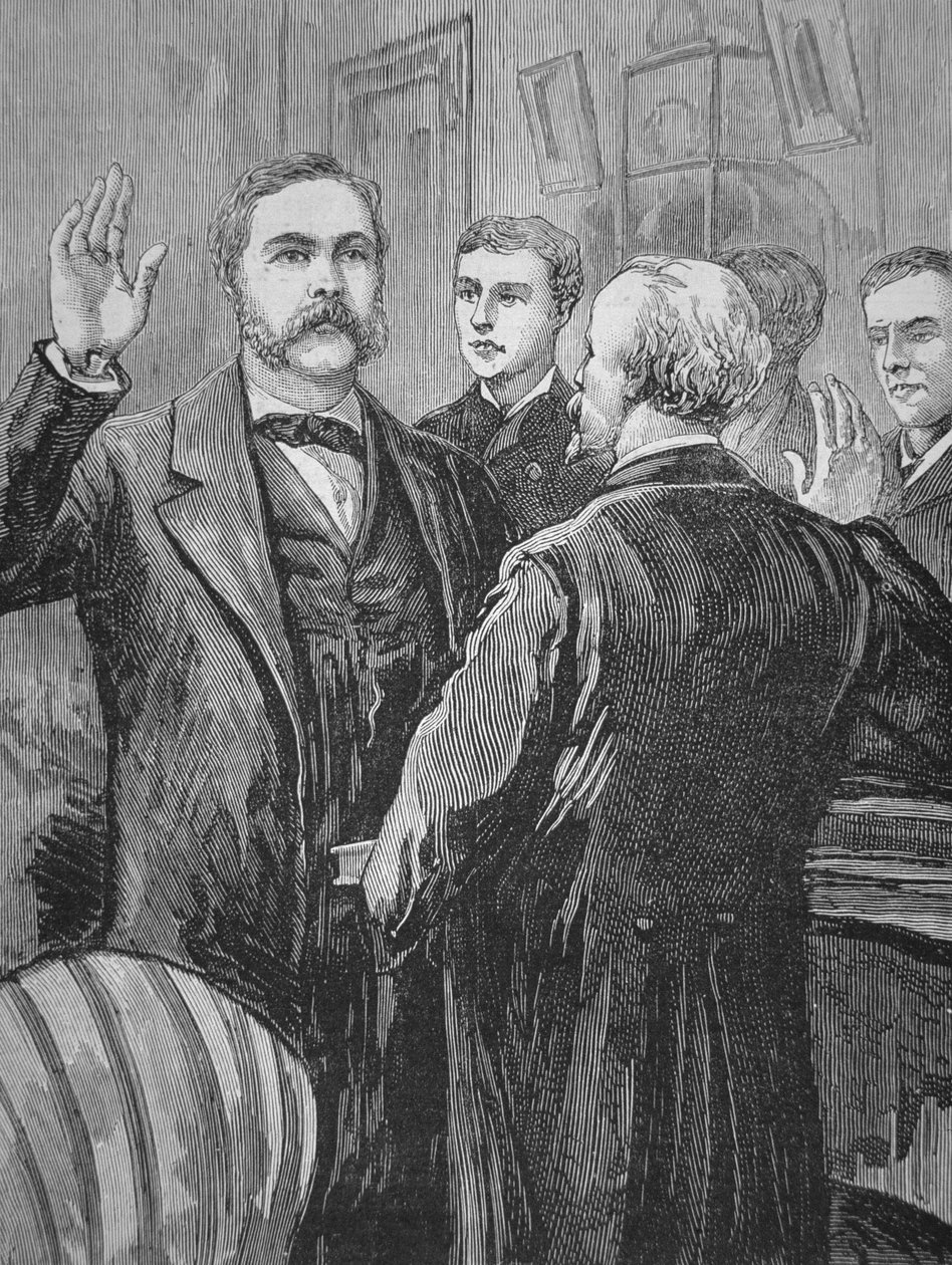 El Presidente Chester A. Arthur tomando el juramento de cargo tras la muerte de James Garfield el 20 de septiembre de 1881 de American School