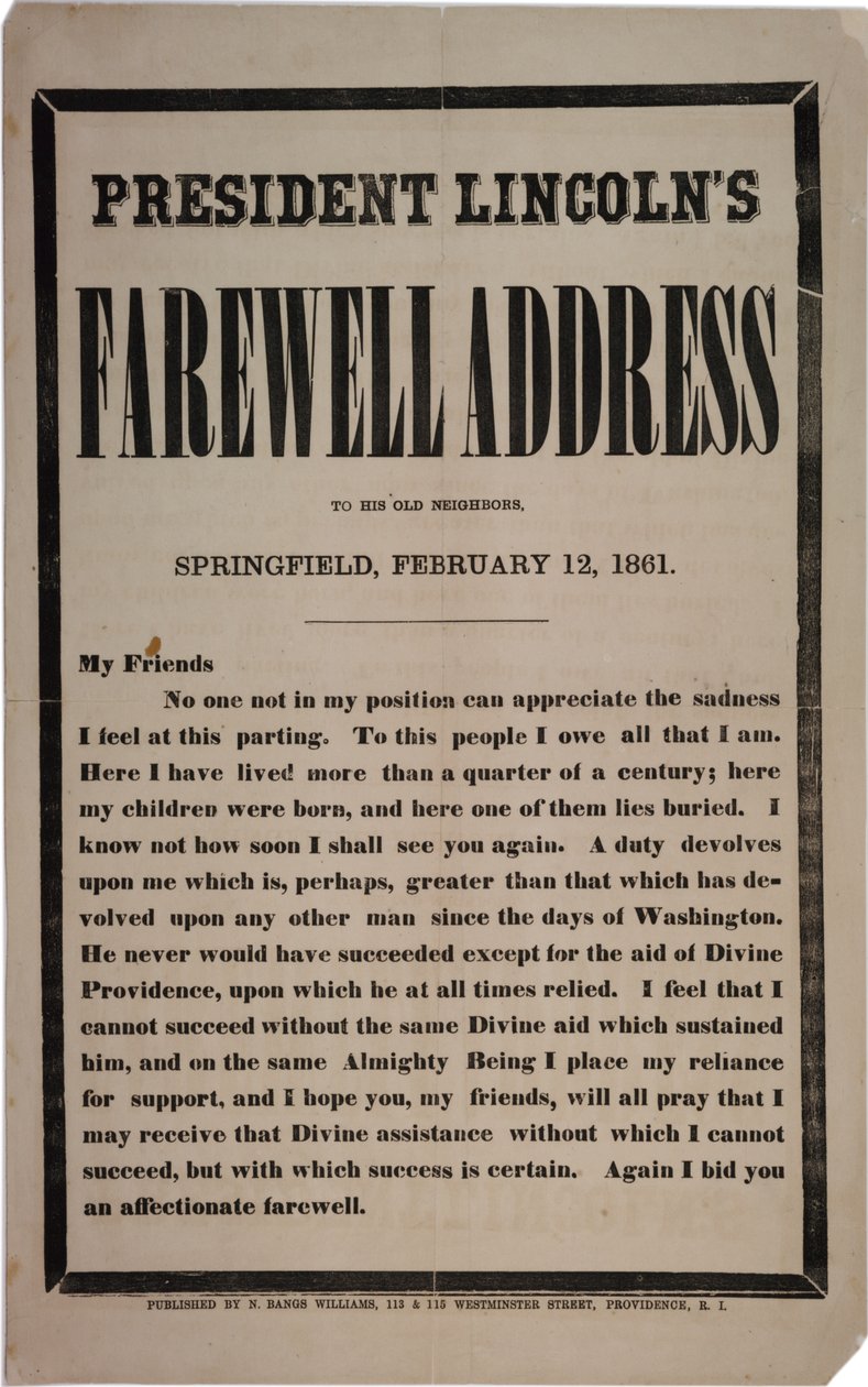 Discurso de despedida del presidente Lincoln a sus antiguos vecinos, Springfield, 12 de febrero de 1861 de American School