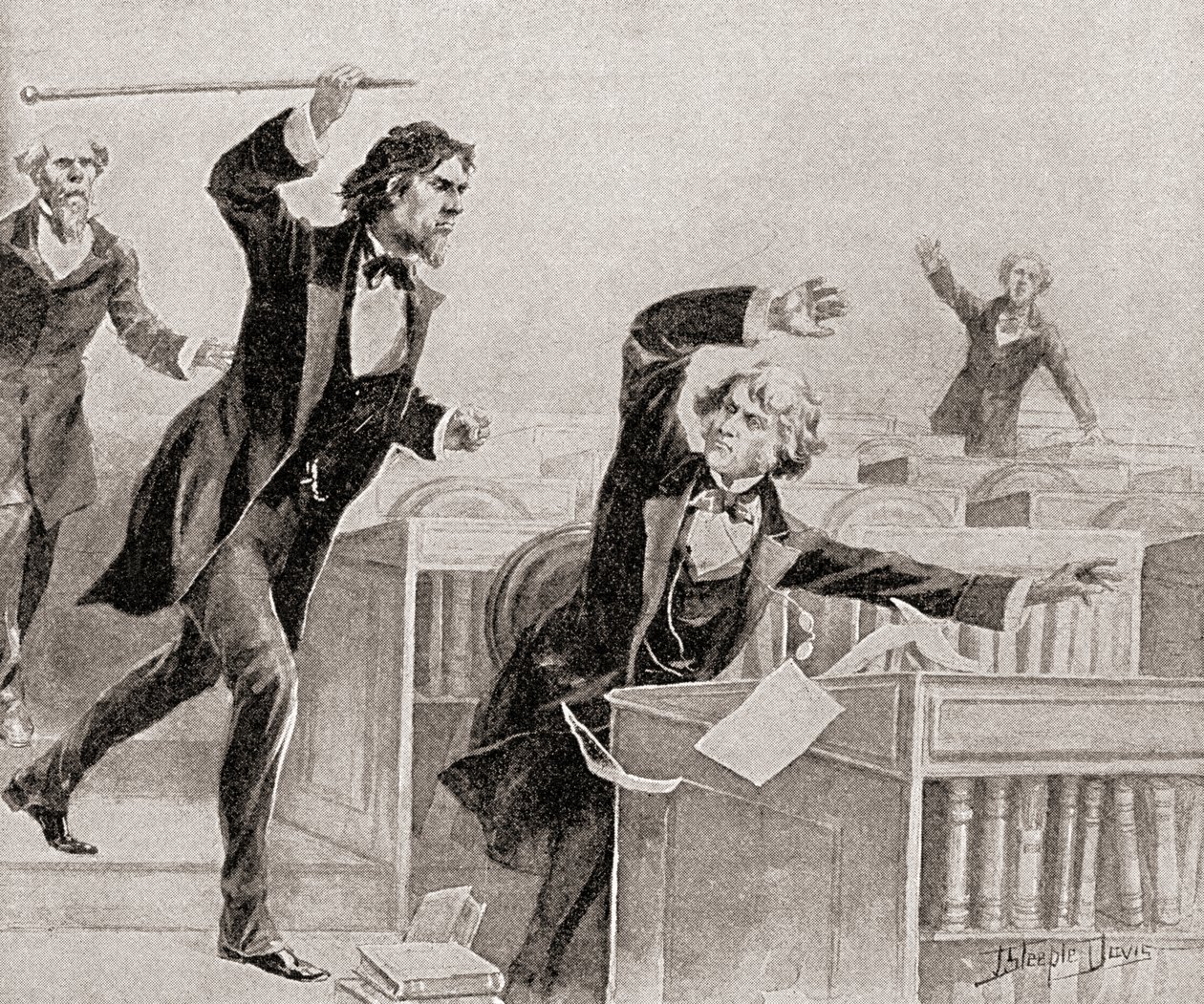 Preston Smith Brooks, ferviente defensor de la esclavitud, agrediendo con un bastón al senador Charles Sumner, abolicionista, en el pleno del Senado de los Estados Unidos, el 22 de mayo. de American School