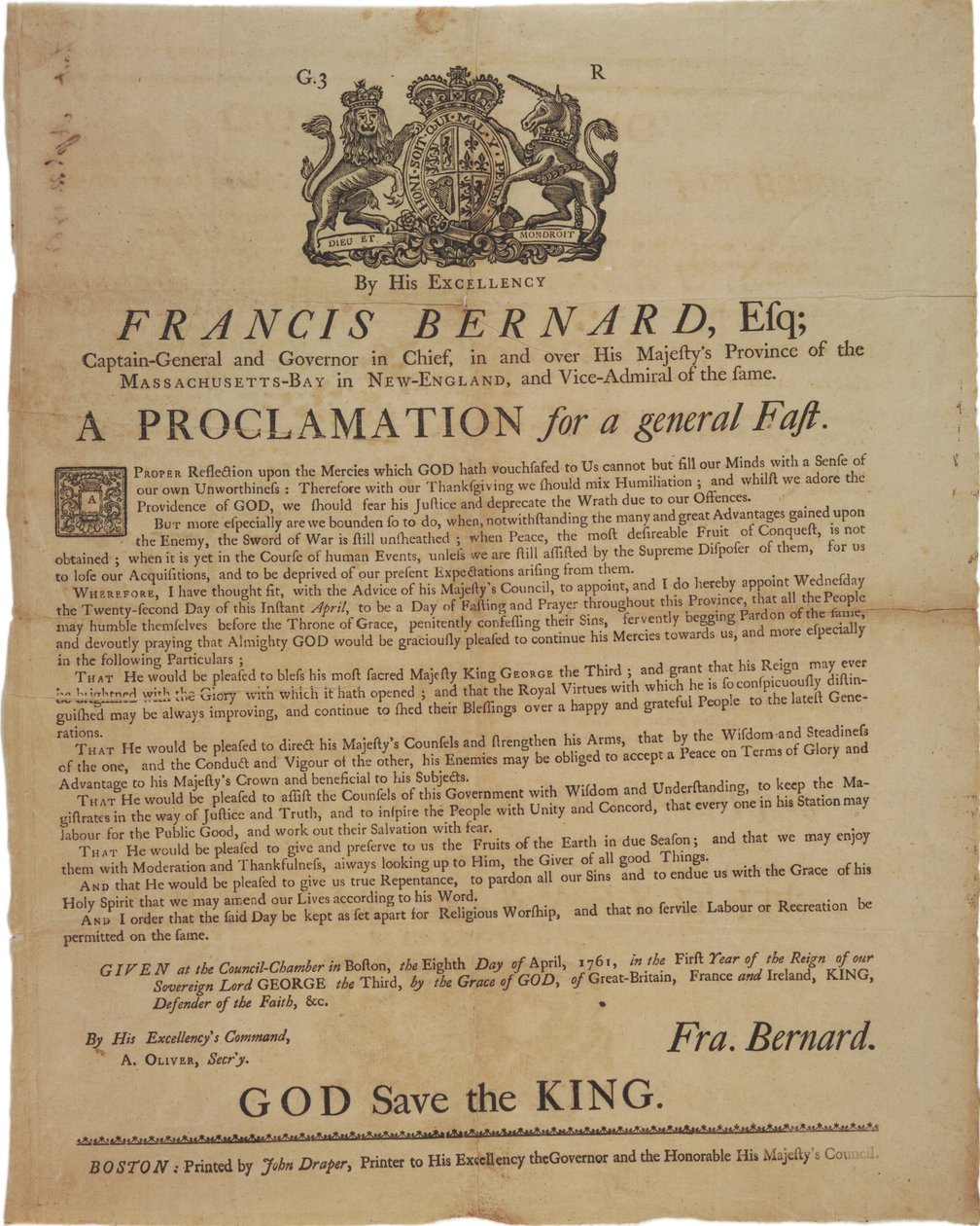 Proclamación en nombre de Francis Bernard, Gobernador de la Bahía de Massachusetts: anunciando un día de ayuno durante la Guerra Franco-India, 8 de abril de 1761 de American School