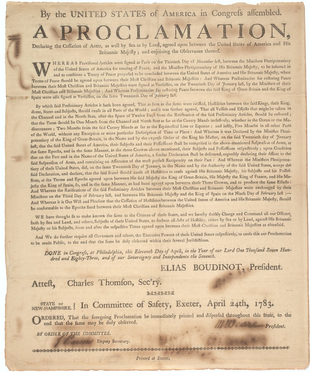 Proclamación del Congreso declarando el cese de armas y el fin de la guerra, 24 de abril de 1783 de American School