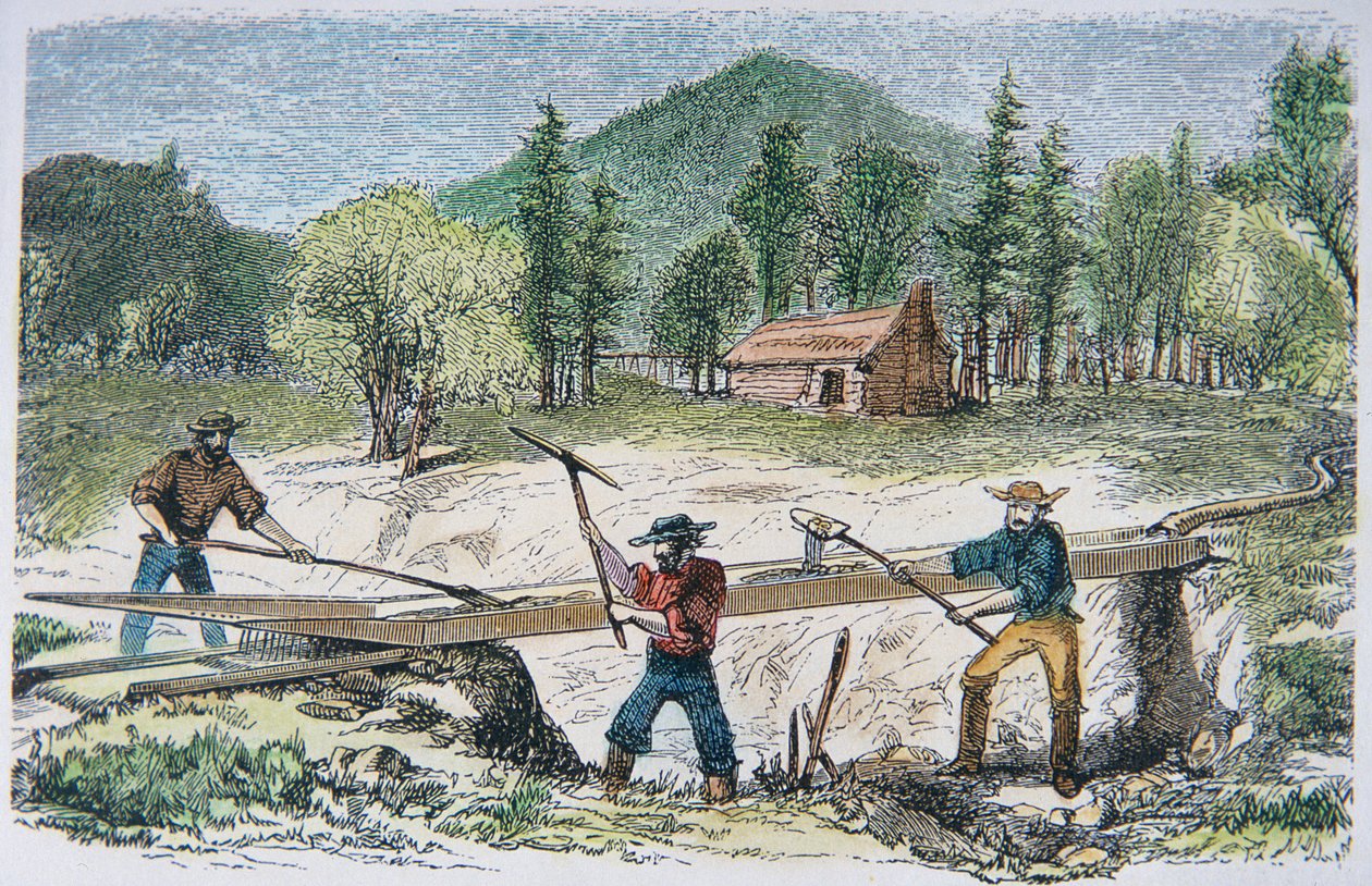 Buscadores de oro usando una esclusa durante la Fiebre del Oro de California de 1849 de American School