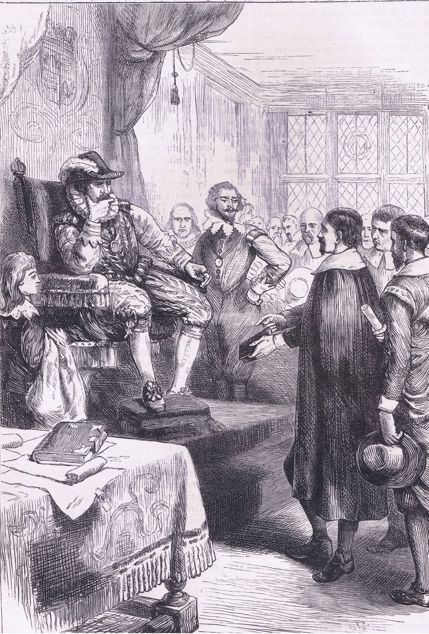 Puritanos ante Jacobo I, ilustración de la Historia de los Estados Unidos de Cassell, publicada por Petter & Galpin c.1890 de American School