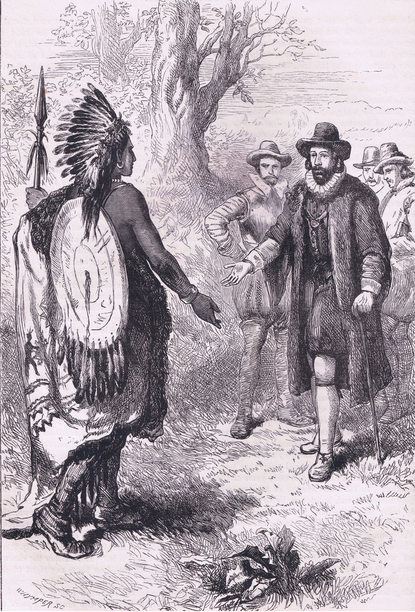 Recepción de un guerrero Naragansett, ilustración de la Historia de los Estados Unidos de Cassell, publicada por Petter & Galpin c.1890 de American School