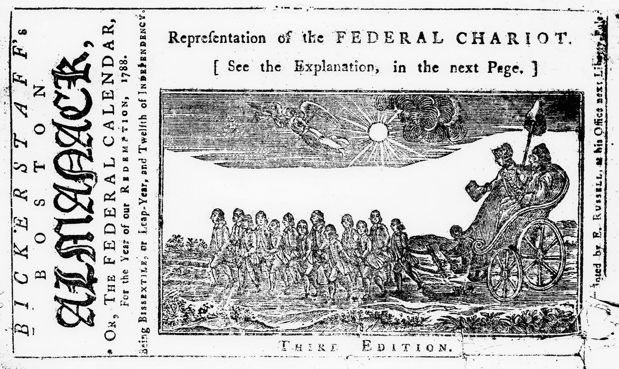 Representación del carro federal, ilustración de portada del Bickerstaffs Boston Almanack, publicado en 1788 de American School