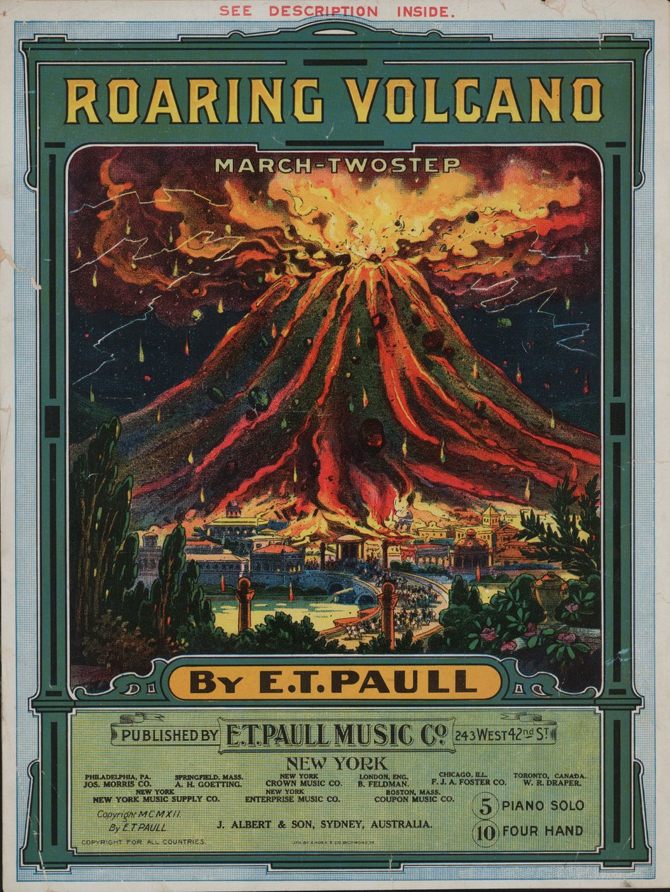 Volcán rugiente (litografía en color) de American School