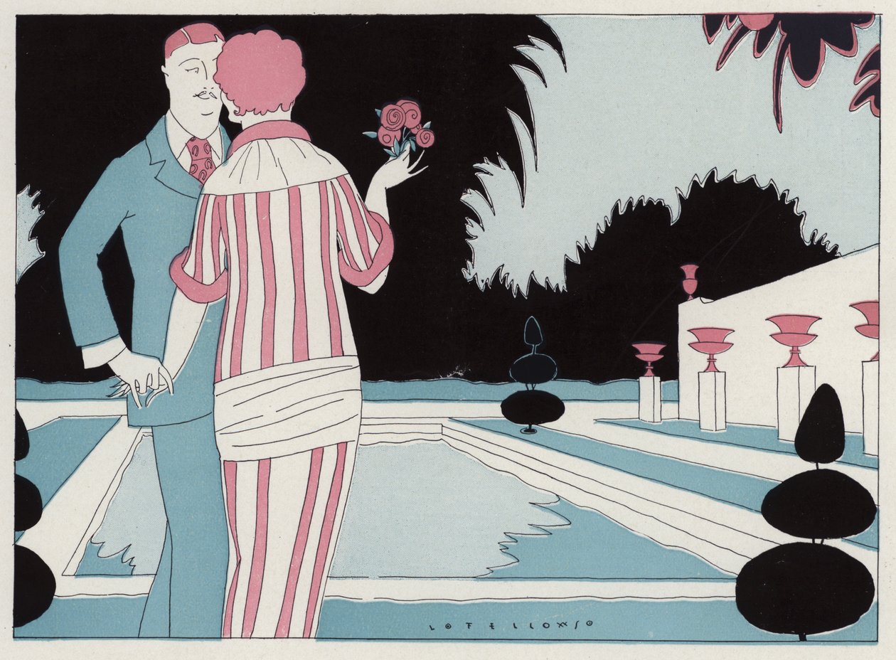 Pareja romántica cogida de la mano junto a la piscina, escena del relato Prospective Honeymooners de J A Waldron (litografía en color). de American School
