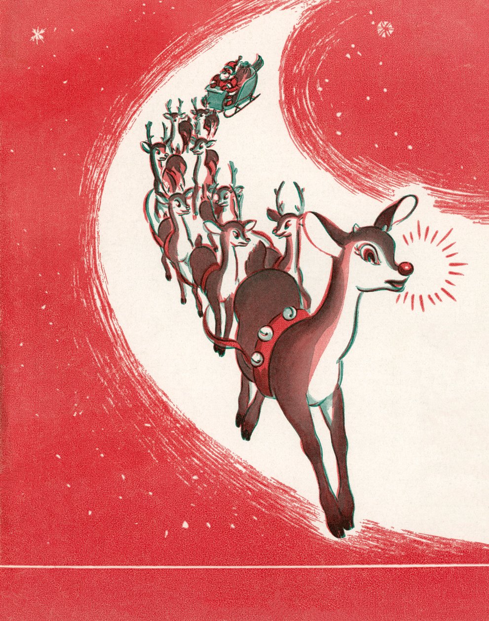 Rudolph el reno de la nariz roja guiando el trineo de Papá Noel de American School