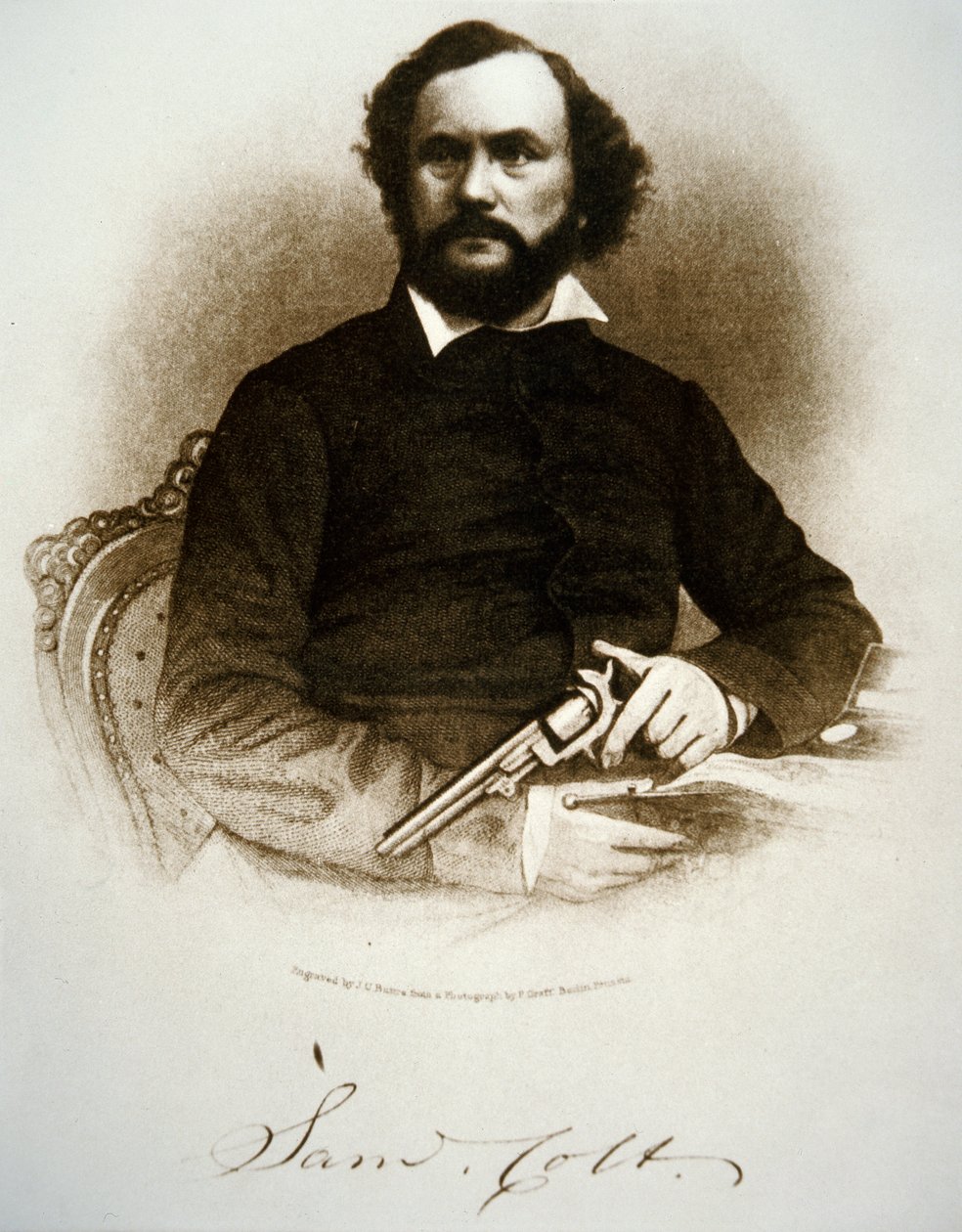 Samuel Colt sosteniendo uno de sus revólveres de percusión de American School