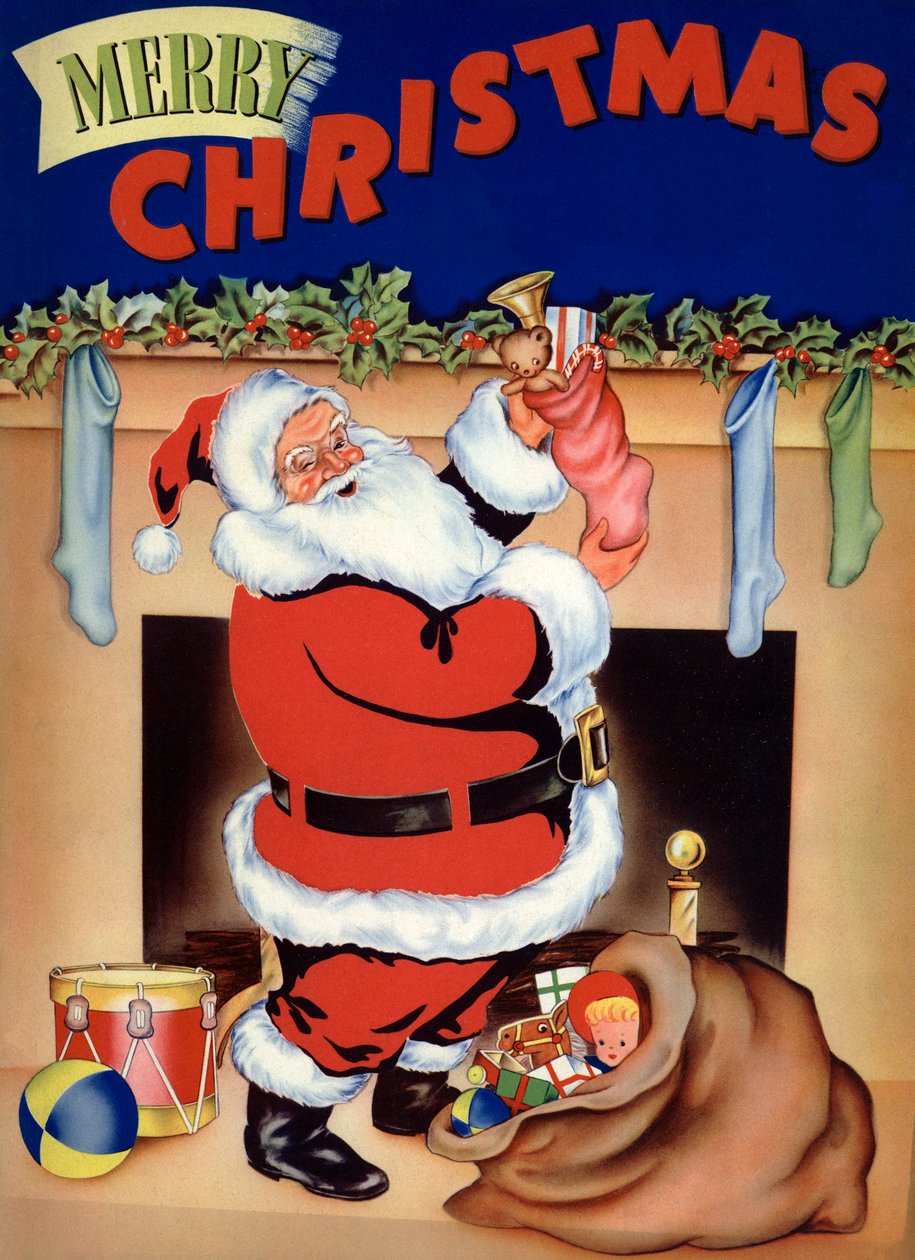Papá Noel llena los calcetines de juguetes en Nochebuena de American School