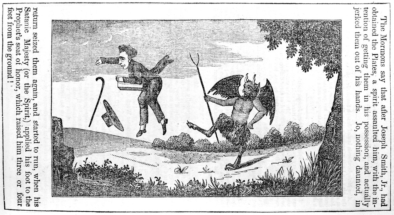 Satanás pateando a Joseph Smith (1805-44) de la última página del Almanaque Anti-Mormón de 1842 de American School