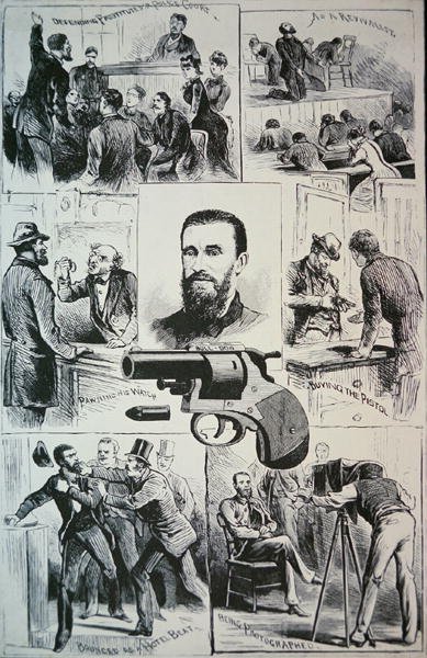 Escenas de la vida del asesino Charles Jules Guiteau (1841-82) y el arma que utilizó para matar al presidente James A. Garfield (1831-81) 1881 (litografía) de American School