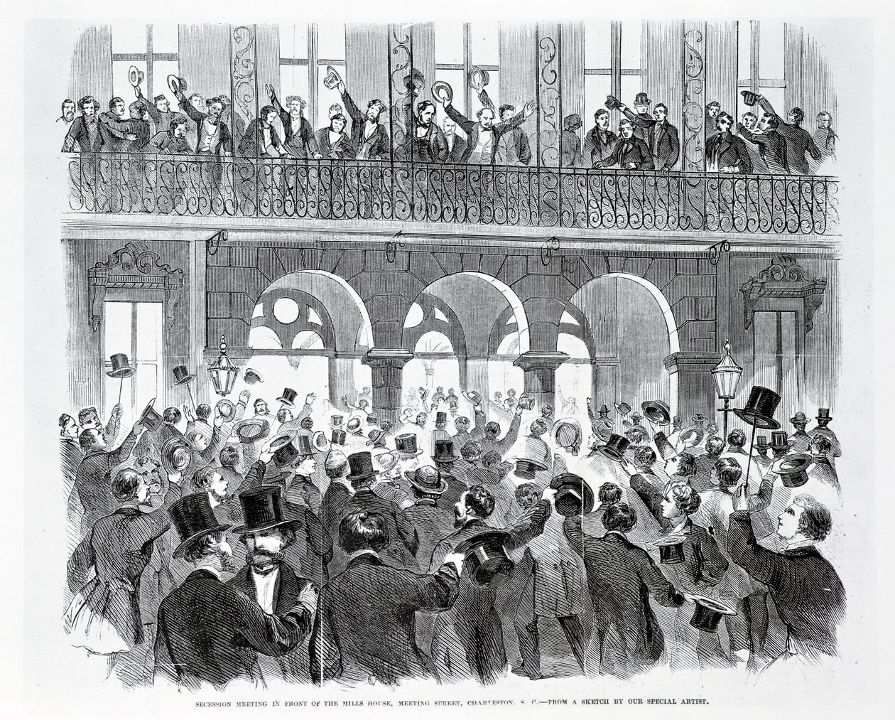 Reunión de secesión frente a la Casa de los Molinos, Meeting Street, Charleston, Carolina del Sur, c.1860 (grabado) de American School