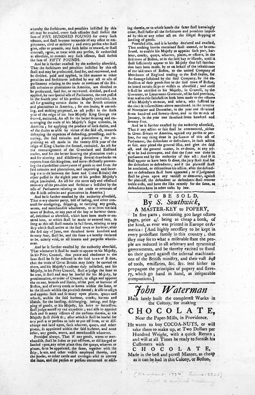 Segunda página de un cartel que describe la Ley para Bloquear el Puerto de Boston, 1774 de American School