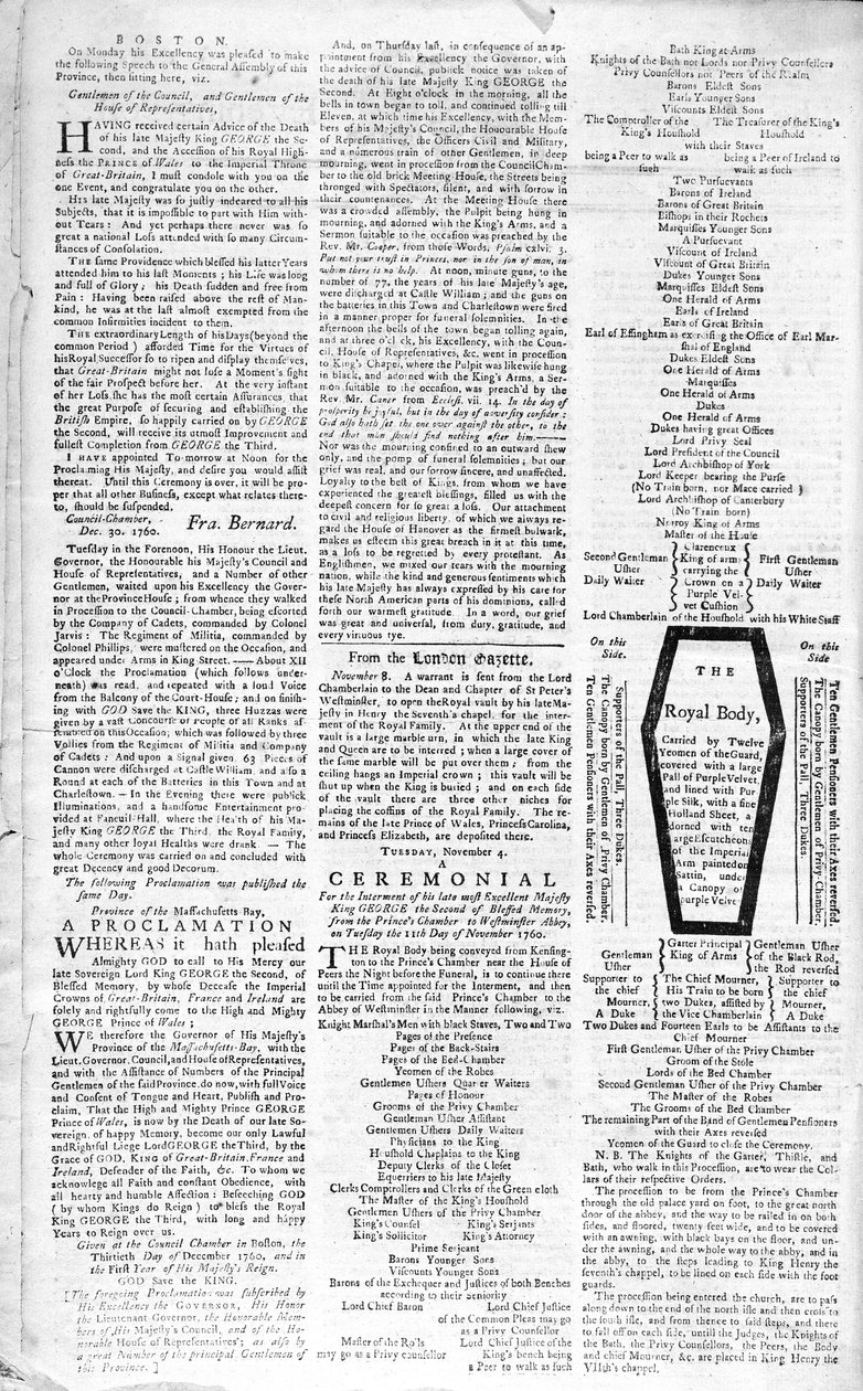 Segunda página del Boston Evening Post anunciando la muerte del Rey Jorge II (1683-1760), 5 de enero de 1761 de American School
