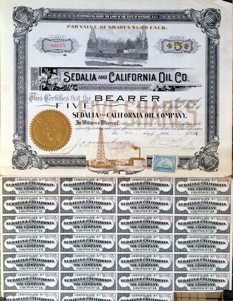 Certificado de Acción para la Compañía de Petróleo de Sedalia y California, EE.UU., 1901 de American School