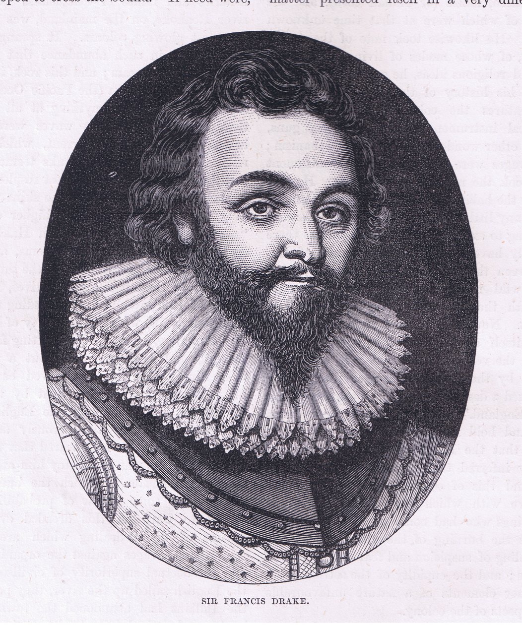Sir Francis Drake, ilustración de la Historia de los Estados Unidos de Cassell, pub. por Petter & Galpin c.1890 de American School