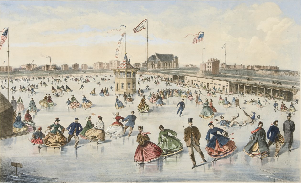 Patinaje en Union Pond, pub. 1863 (litografía en color) de American School