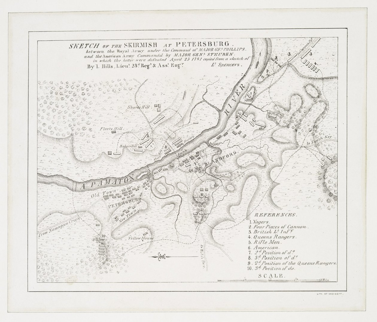 Boceto de la escaramuza en Petersburg: entre el Ejército Real bajo el mando del Mayor Gel. Phillips y el ejército americano comandado por el Mayor Genl. Steuben en el que estos últimos fueron derrotados, 25 de abril de 1781 de American School