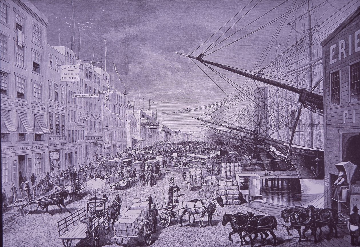 South Street Seaport en la década de 1870, Ciudad de Nueva York (grabado) de American School