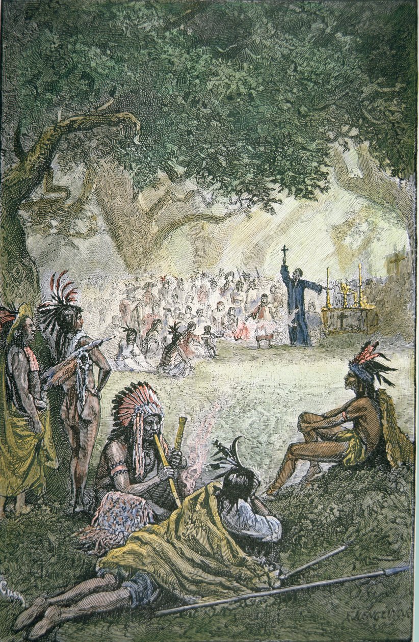Misioneros jesuitas españoles convirtiendo a los nativos americanos en California en el siglo XVII de American School