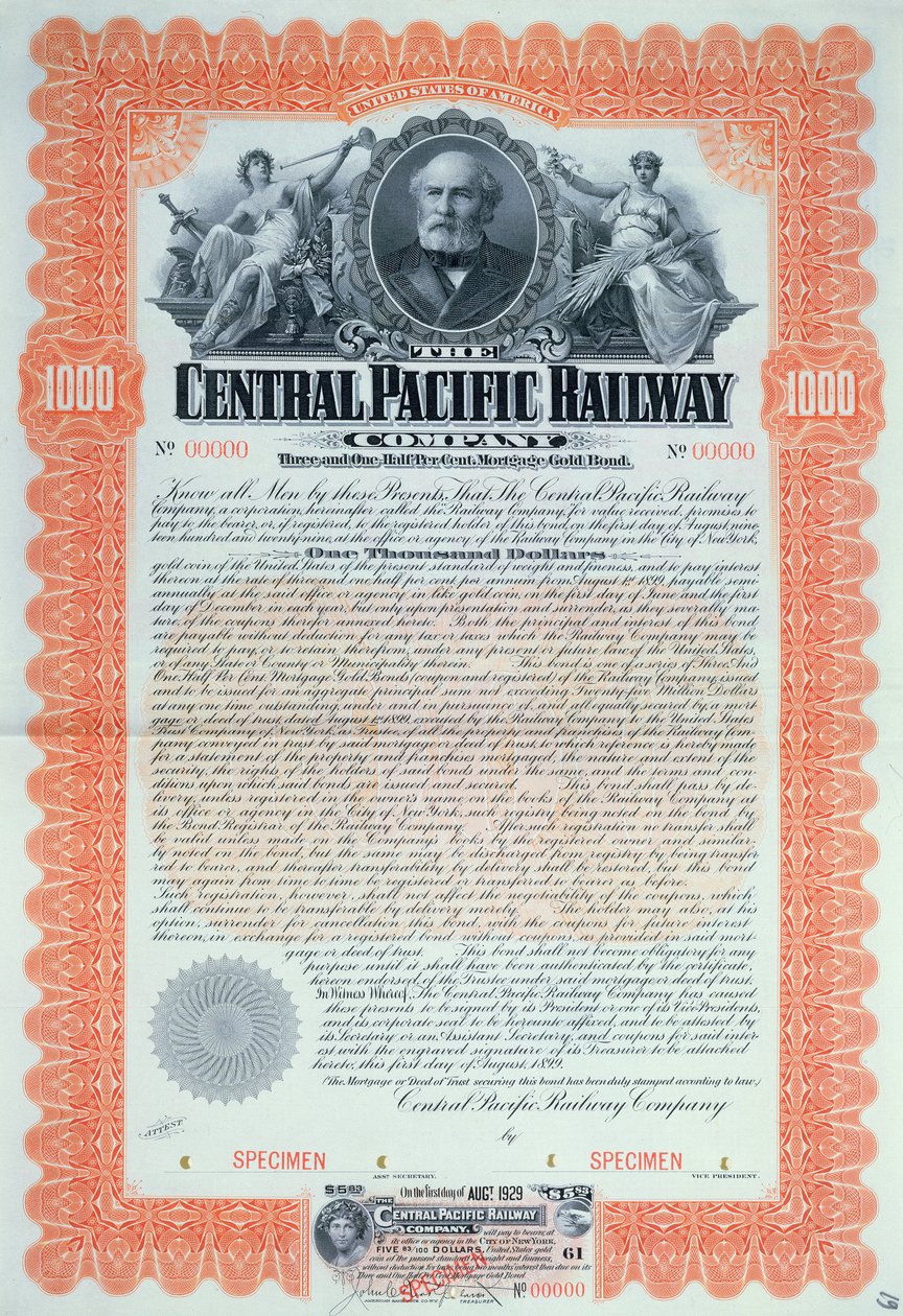 Certificado de bono de muestra por 1000 dólares para la Compañía de Ferrocarriles del Pacífico Central, 1899 de American School