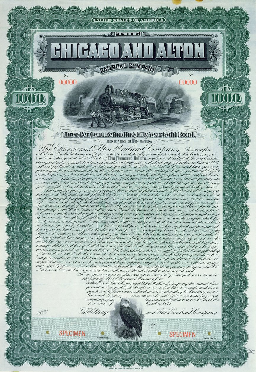 Certificado de bono de muestra por 1000 dólares para la Compañía de Ferrocarriles de Chicago y Alton, 1899 de American School
