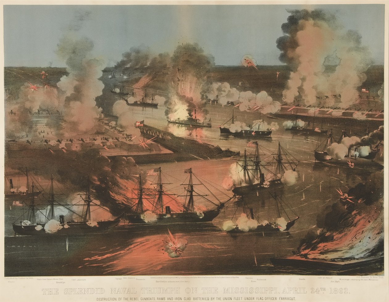 Espléndido triunfo naval del Mississippi, pub. 1862 (litografia en color) de American School