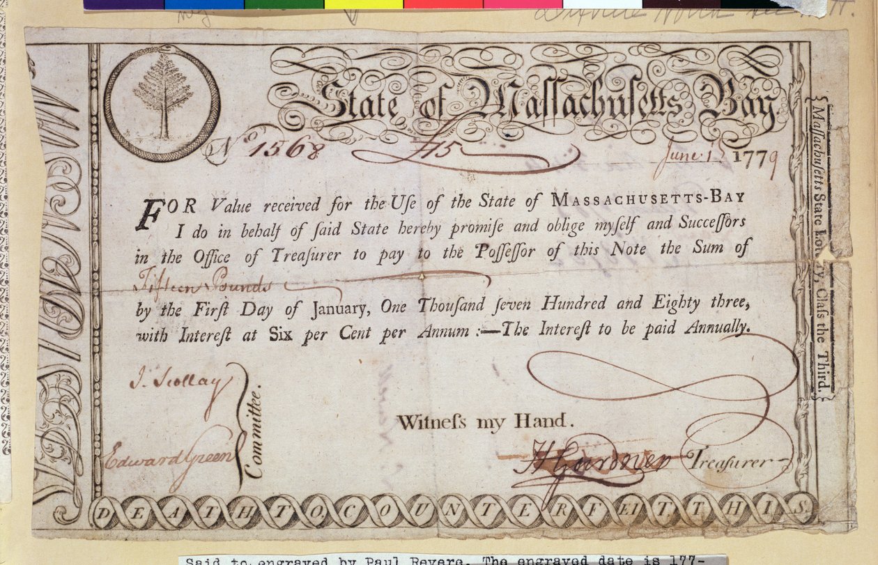 Nota promisoria del Estado de la Bahía de Massachusetts, supuestamente grabada por Paul Revere (1735-1818) 1779 de American School
