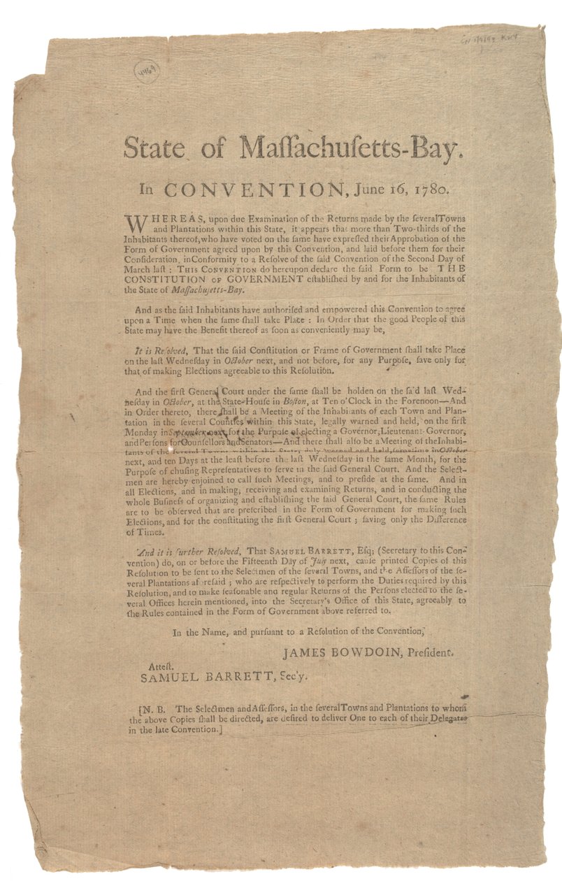 Estado de Massachusetts en Convención, Constitución del Estado, 16 de junio de 1780 de American School